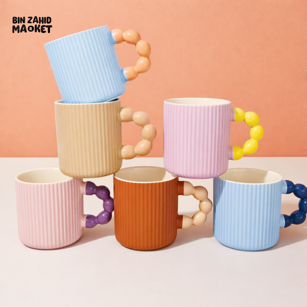 COLORFUL RIBBED CERAMIC MUGS WITH BEADED HANDLES | MODERN AESTHETIC COFFEE & TEA CUPS