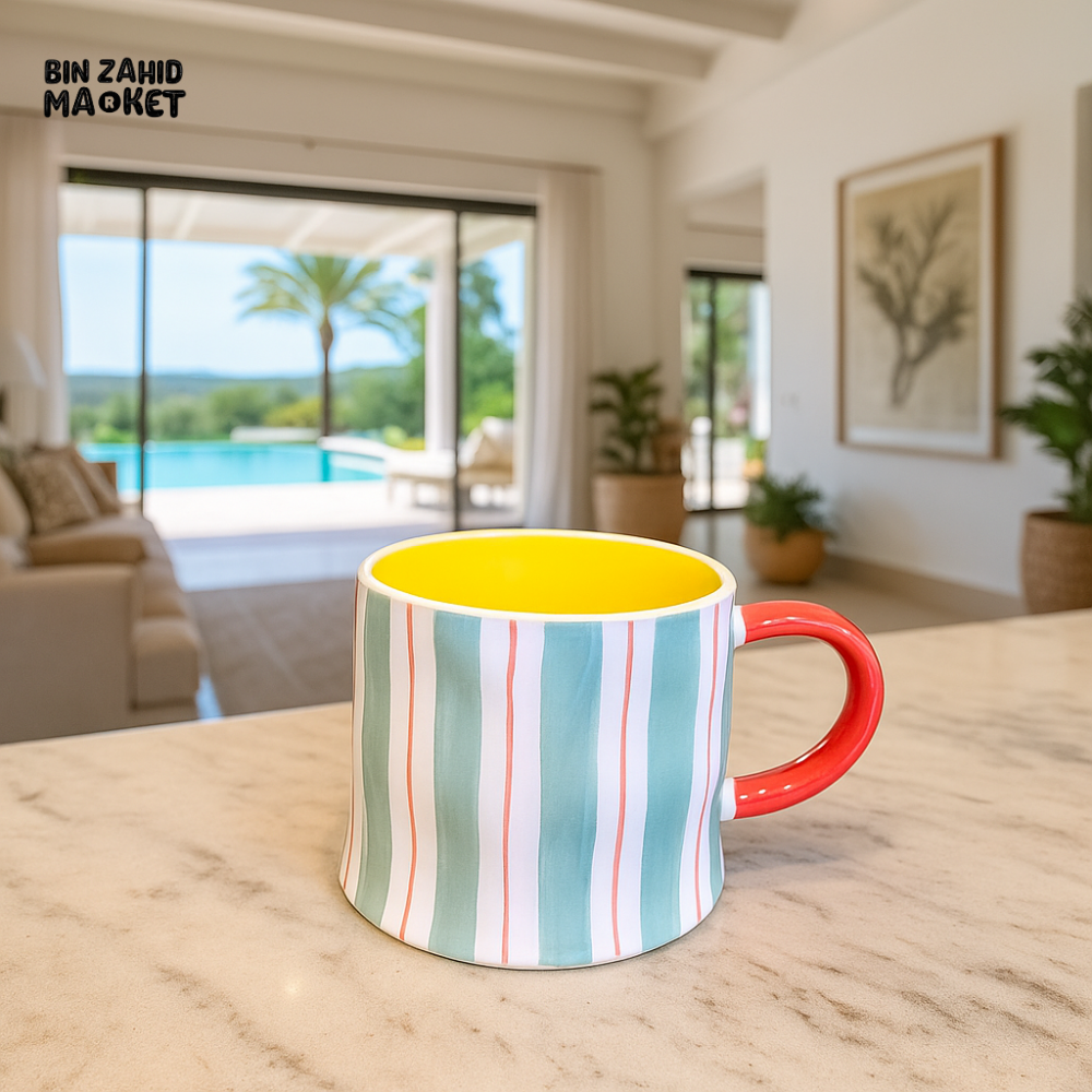 COLORFUL STRIPED CERAMIC MUG – MODERN LUXURY CUP FOR COFFEE & TEA | BRIGHT YELLOW INTERIOR & RED HANDLE