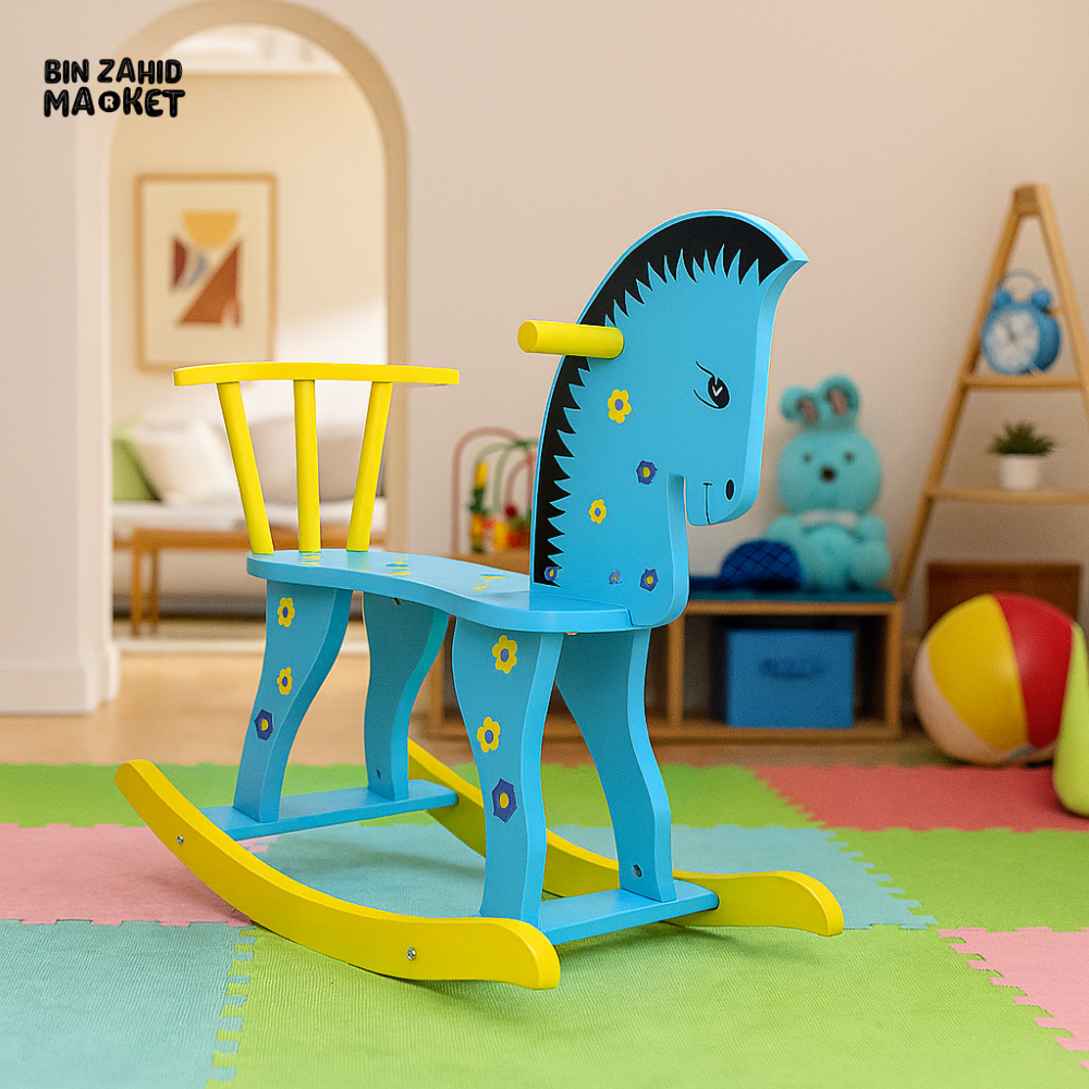 COLORFUL WOODEN ROCKING HORSE FOR KIDS – BLUE & YELLOW