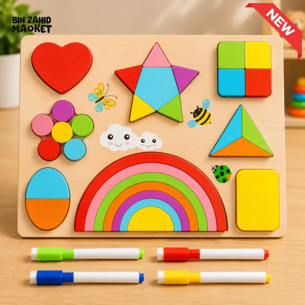 COLORFUL WOODEN SHAPES AND RAINBOW LEARNING PUZZLE BOARD WITH 4 MARKERS