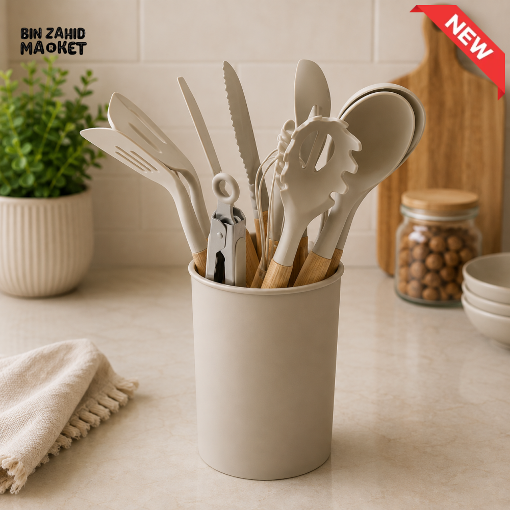 COMPLETE BEIGE KITCHEN COOKING UTENSIL SET WITH STORAGE HOLDER
