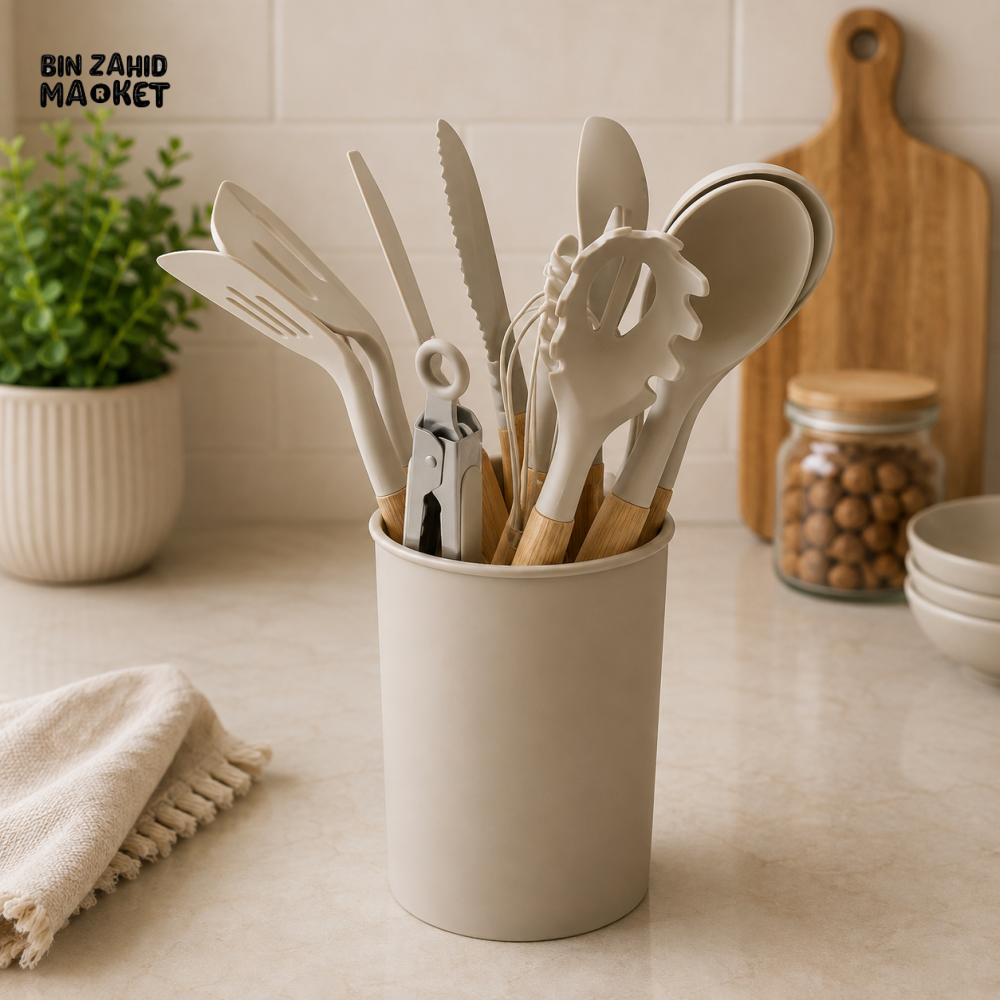 COMPLETE BEIGE KITCHEN COOKING UTENSIL SET WITH STORAGE HOLDER