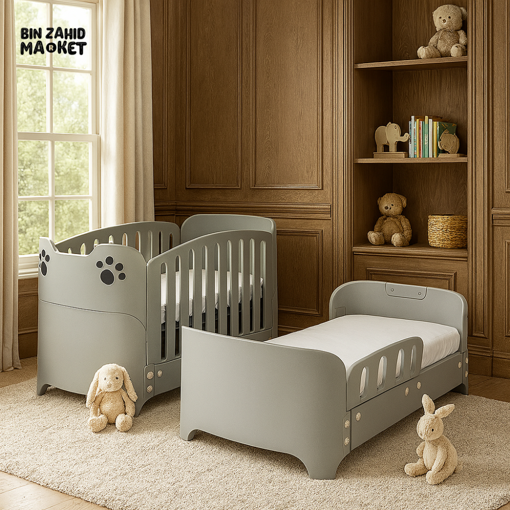 CONVERTIBLE TODDLER & BABY COT SET – GREY WOODEN CRIB WITH SAFETY RAIL LUXURY NURSERY BED FURNITURE