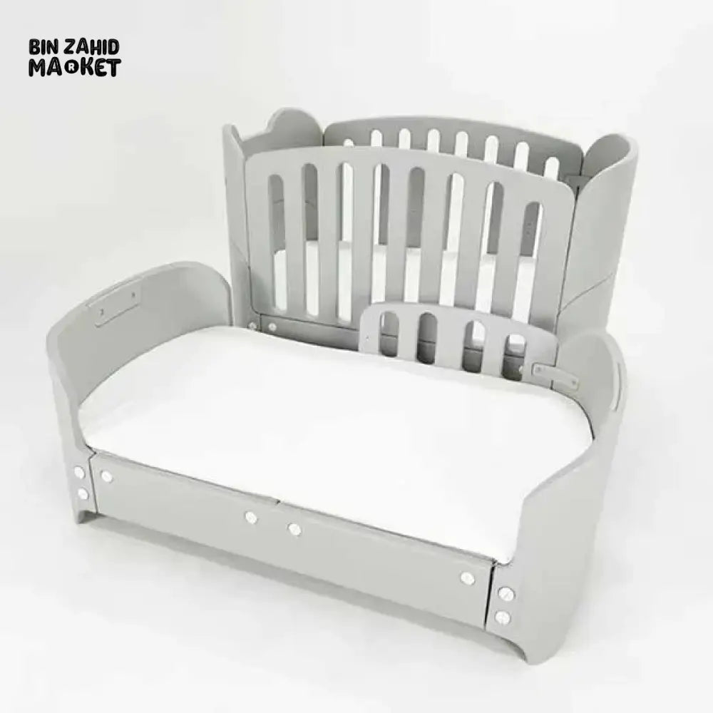 CONVERTIBLE TODDLER & BABY COT SET – GREY WOODEN CRIB WITH SAFETY RAIL LUXURY NURSERY BED FURNITURE