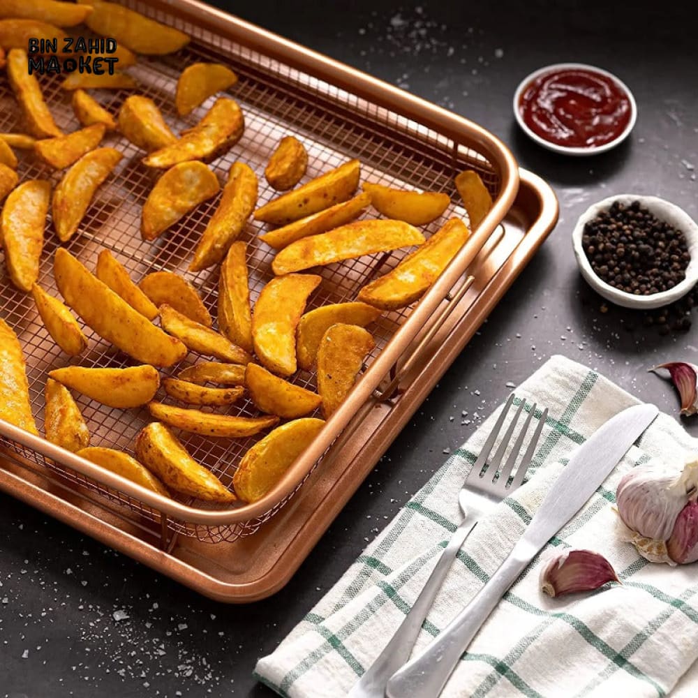 COPPER NON-STICK ROASTING PAN WITH GRILL MESH & FRY BASKET