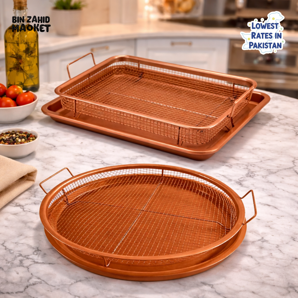 COPPER NON-STICK ROASTING PAN WITH GRILL MESH & FRY BASKET
