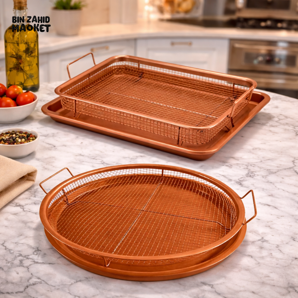 COPPER NON-STICK ROASTING PAN WITH GRILL MESH & FRY BASKET
