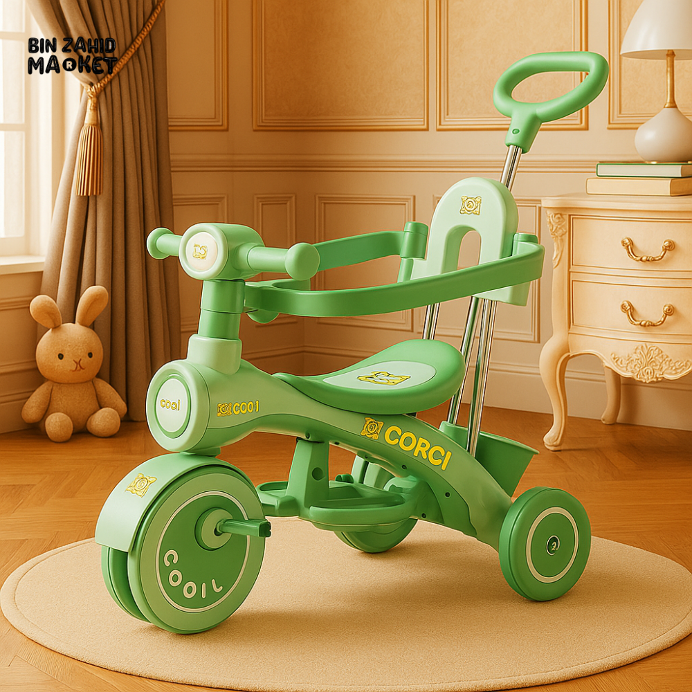 CORGI KIDS TRICYCLE WITH SAFETY HANDLE –TODDLER RIDE-ON BIKE - GREEN