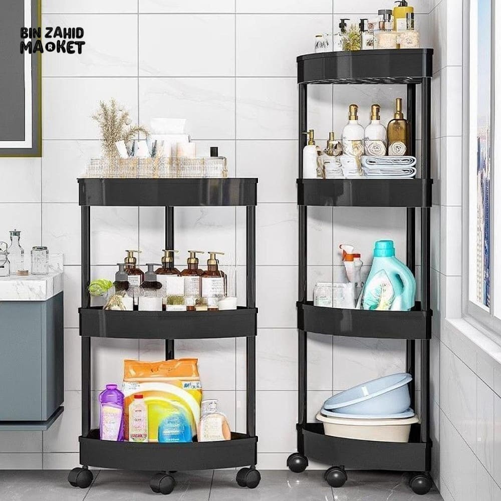 CORNER TOILET TRIANGLE SHELF 4 LAYERS – FLOOR TO CEILING BATHROOM STORAGE RACK SPACE SAVING ORGANIZER FOR TOILETRIES &