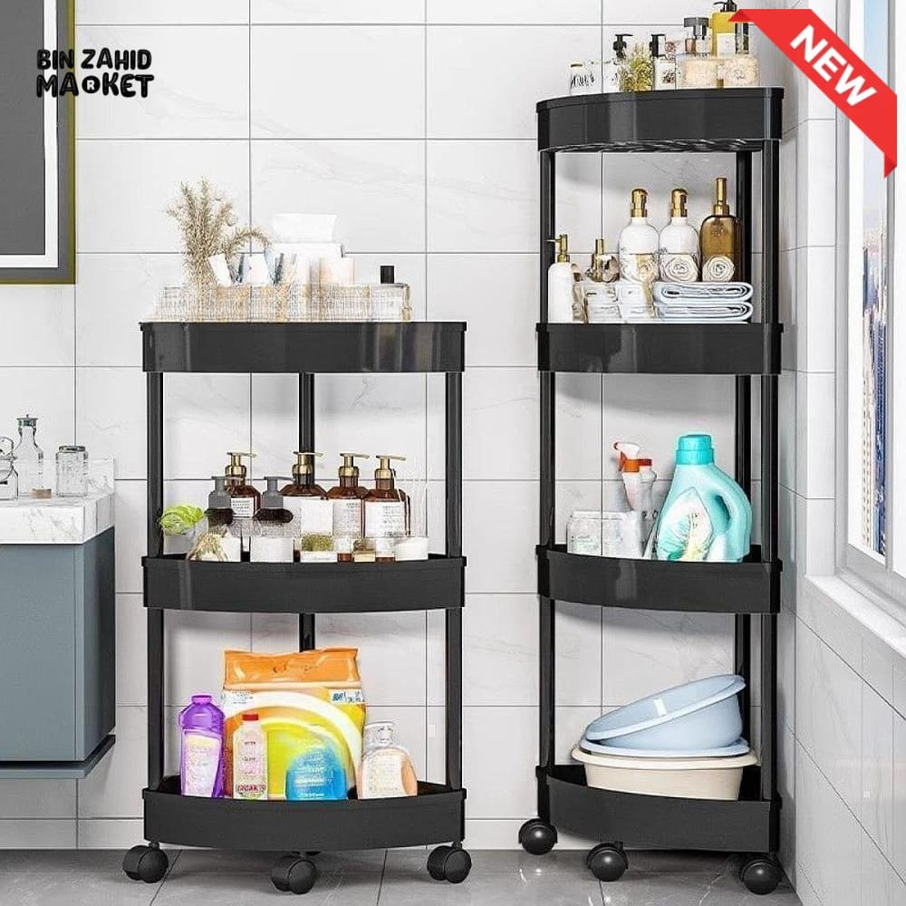 CORNER TOILET TRIANGLE SHELF 4 LAYERS – FLOOR TO CEILING BATHROOM STORAGE RACK SPACE SAVING ORGANIZER FOR TOILETRIES &