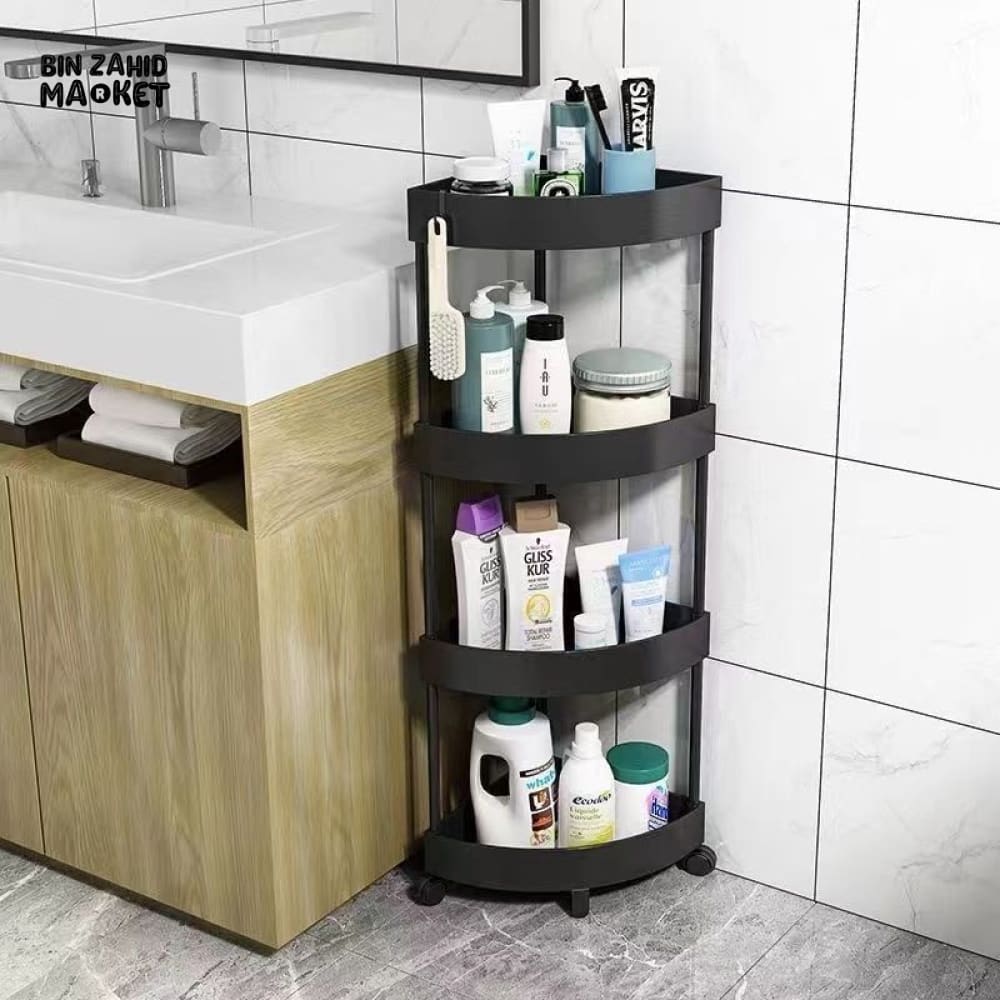 CORNER TOILET TRIANGLE SHELF 4 LAYERS – FLOOR TO CEILING BATHROOM STORAGE RACK SPACE SAVING ORGANIZER FOR TOILETRIES &