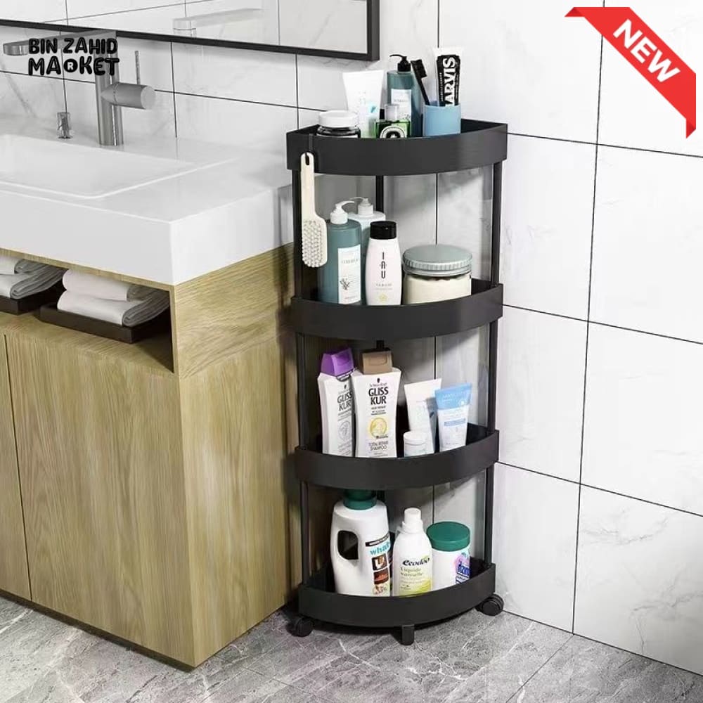 CORNER TOILET TRIANGLE SHELF 4 LAYERS – FLOOR TO CEILING BATHROOM STORAGE RACK SPACE SAVING ORGANIZER FOR TOILETRIES &