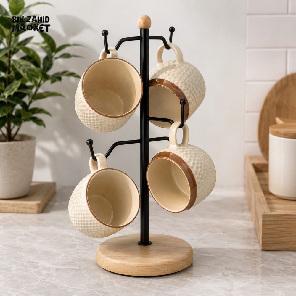 COUNTERTOP METAL CUP HOLDER STAND WITH WOODEN BASE