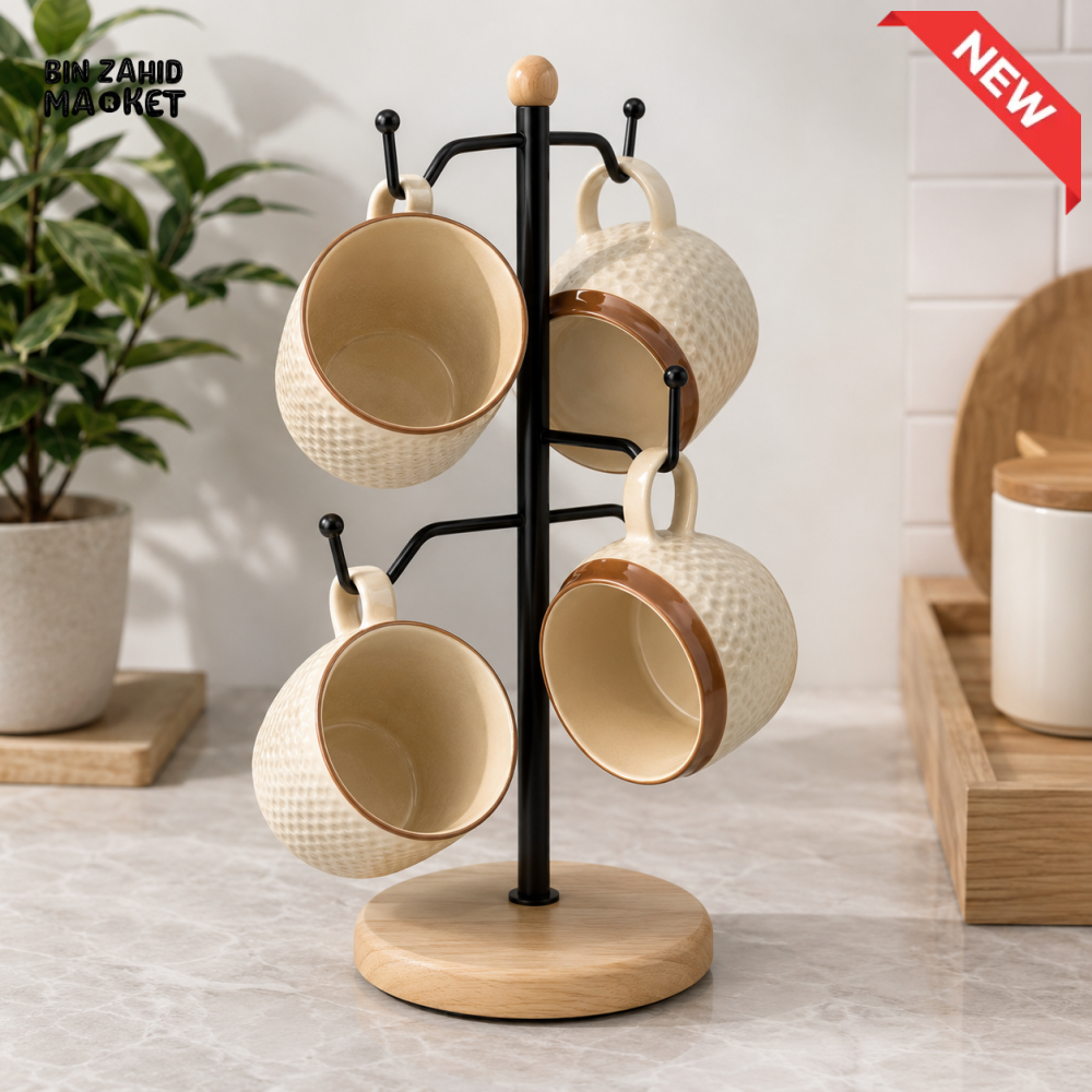 COUNTERTOP METAL CUP HOLDER STAND WITH WOODEN BASE