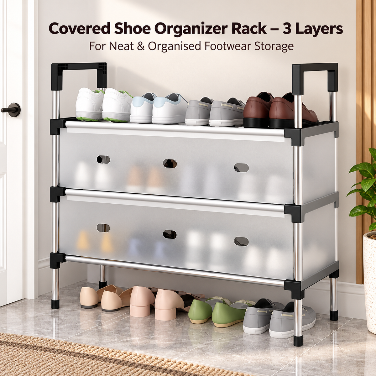 Covered Shoe Organizer Rack – 3 Layers – Product use graphic