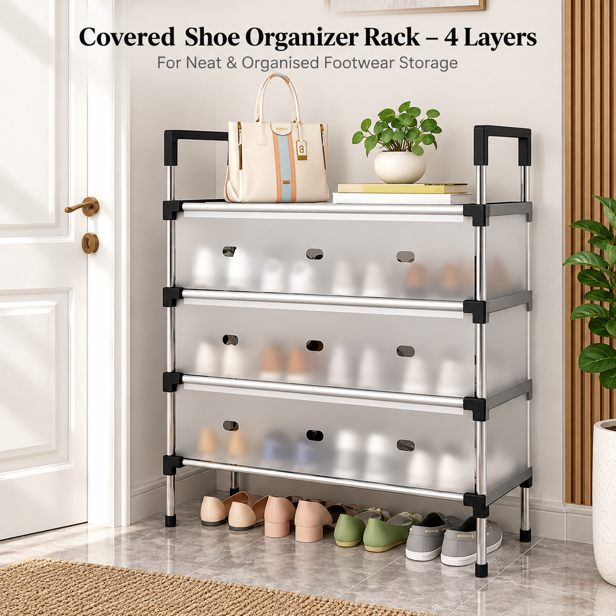 Covered Shoe Organizer Rack – 4 Layers – Product use graphic