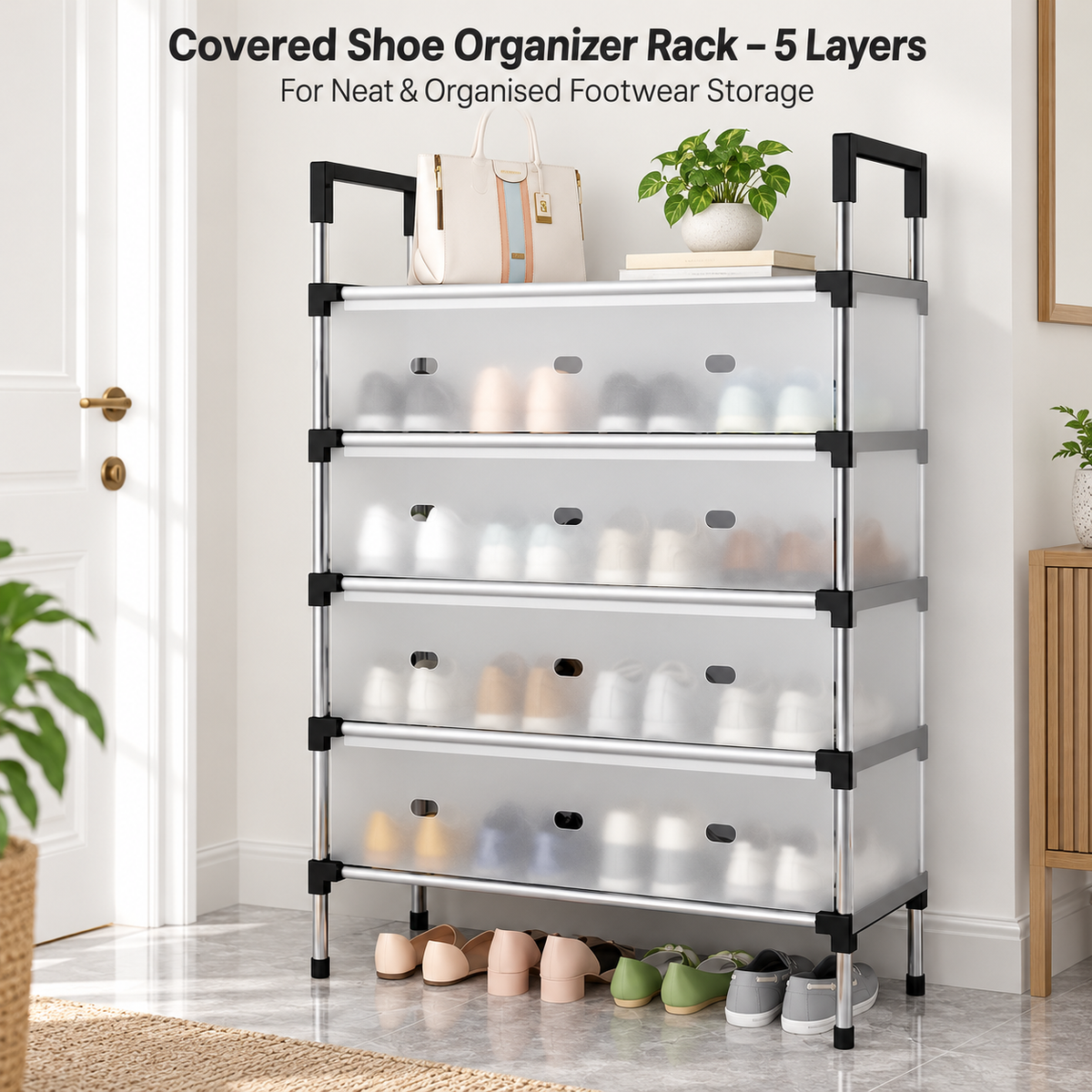 Covered Shoe Organizer Rack – 5 Layers – Product use graphic