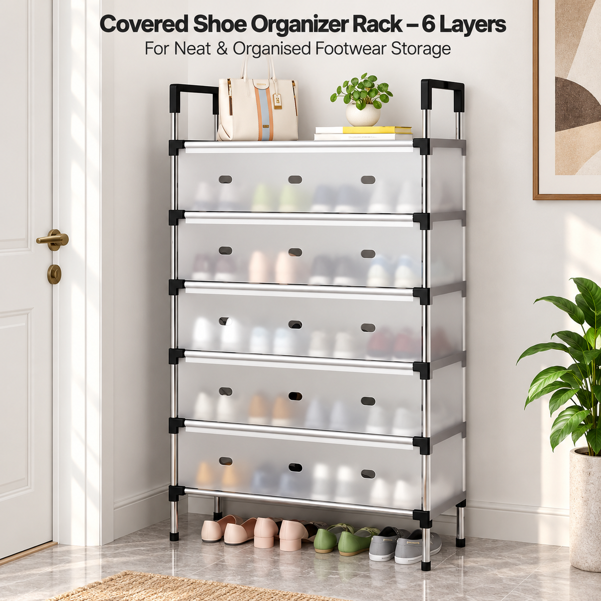 Covered Shoe Organizer Rack – 6 Layers – Product use graphic