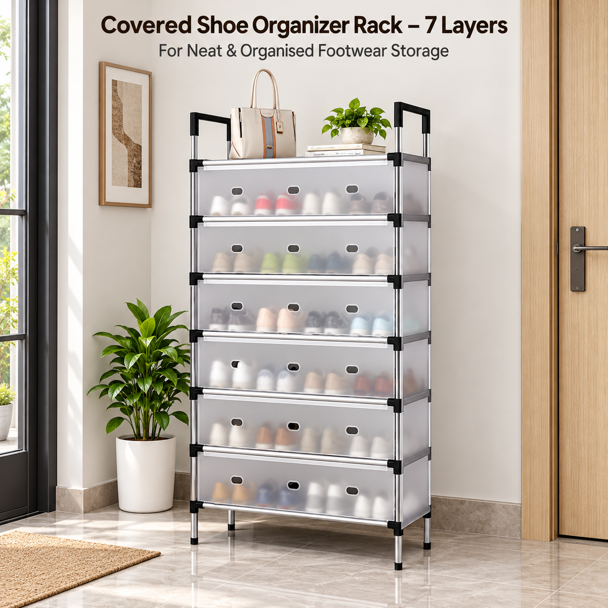 Covered Shoe Organizer Rack – 7 Layers – Product use graphic