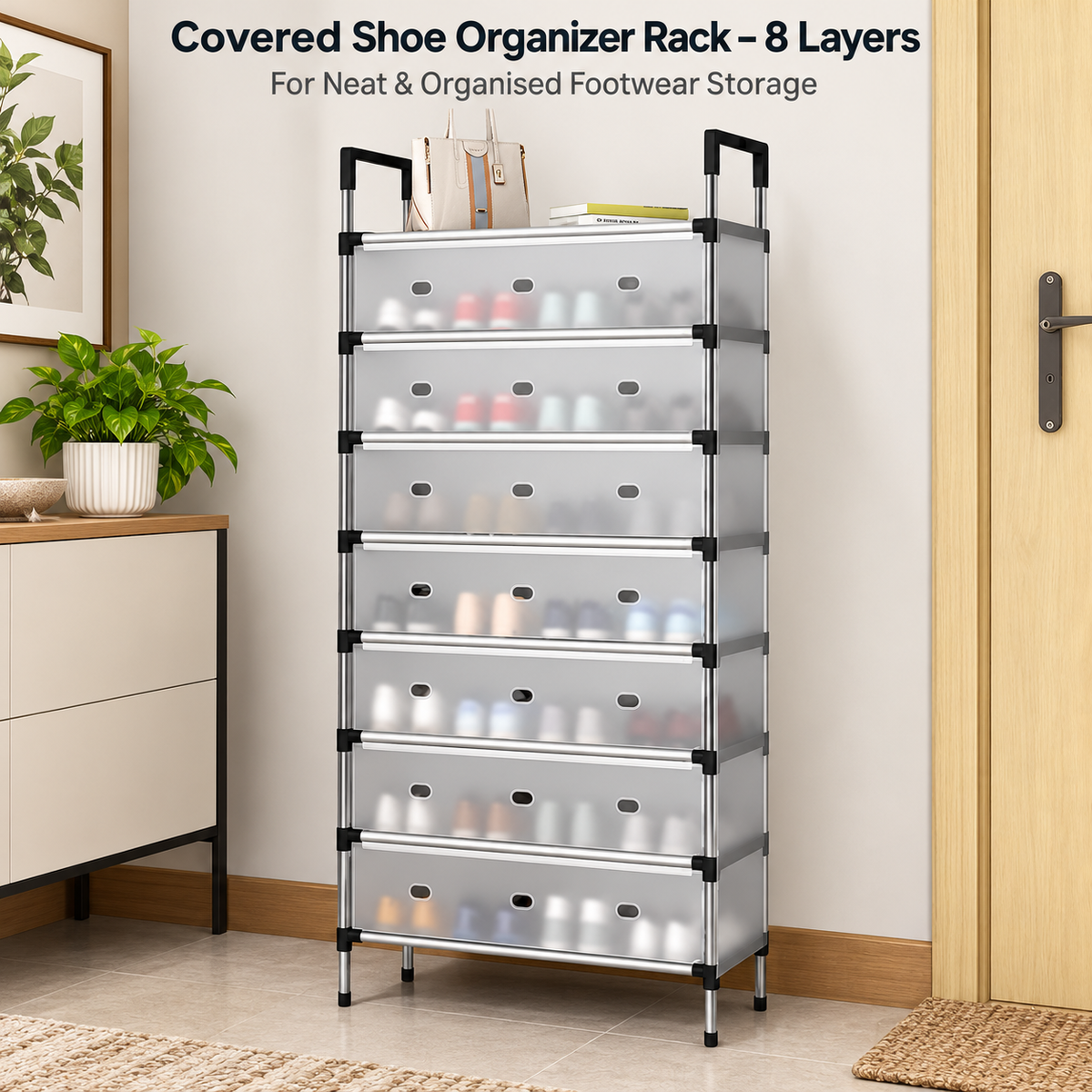 Covered Shoe Organizer Rack – 8 Layers – Product use graphic