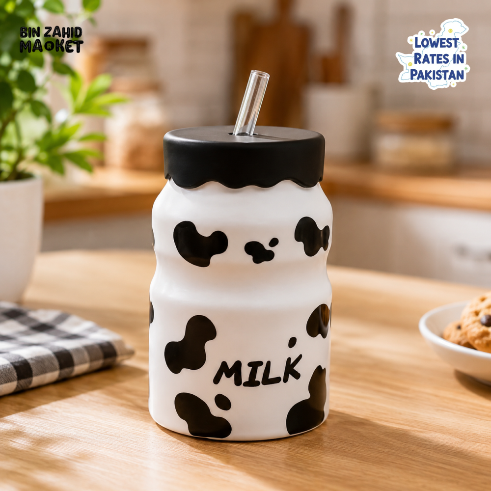 COW PATTERN CERAMIC MILK MUG WITH STRAW