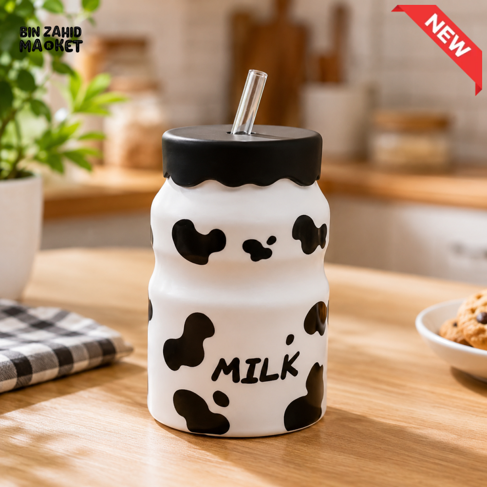 COW PATTERN CERAMIC MILK MUG WITH STRAW