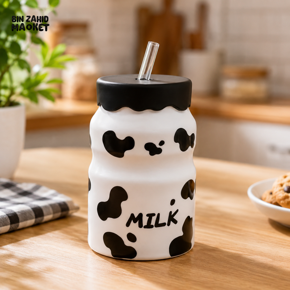 COW PATTERN CERAMIC MILK MUG WITH STRAW