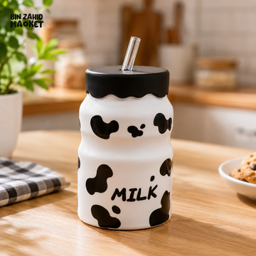COW PATTERN CERAMIC MILK MUG WITH STRAW
