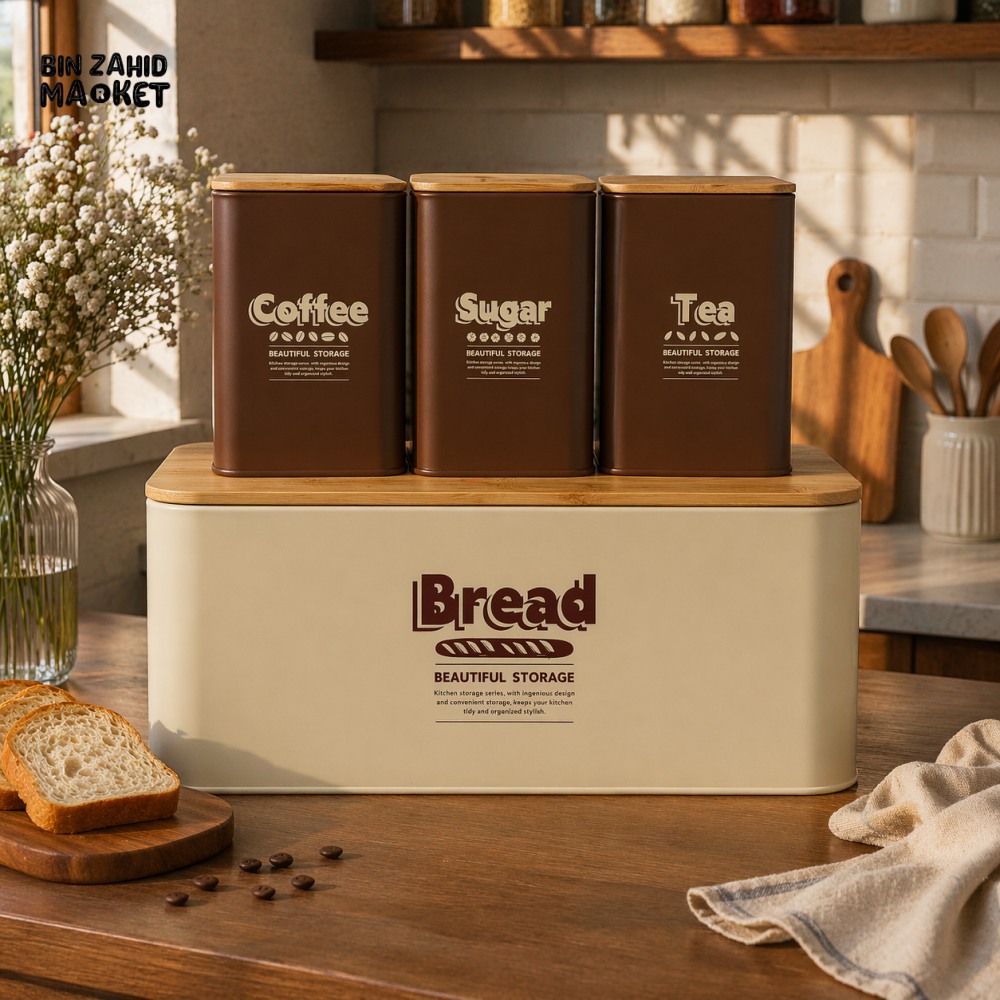 CREAM BREAD BIN & BROWN KITCHEN STORAGE CANISTER SET WITH BAMBOO LIDS (TEA COFFEE SUGAR) – MODERN METAL STORAGE SET