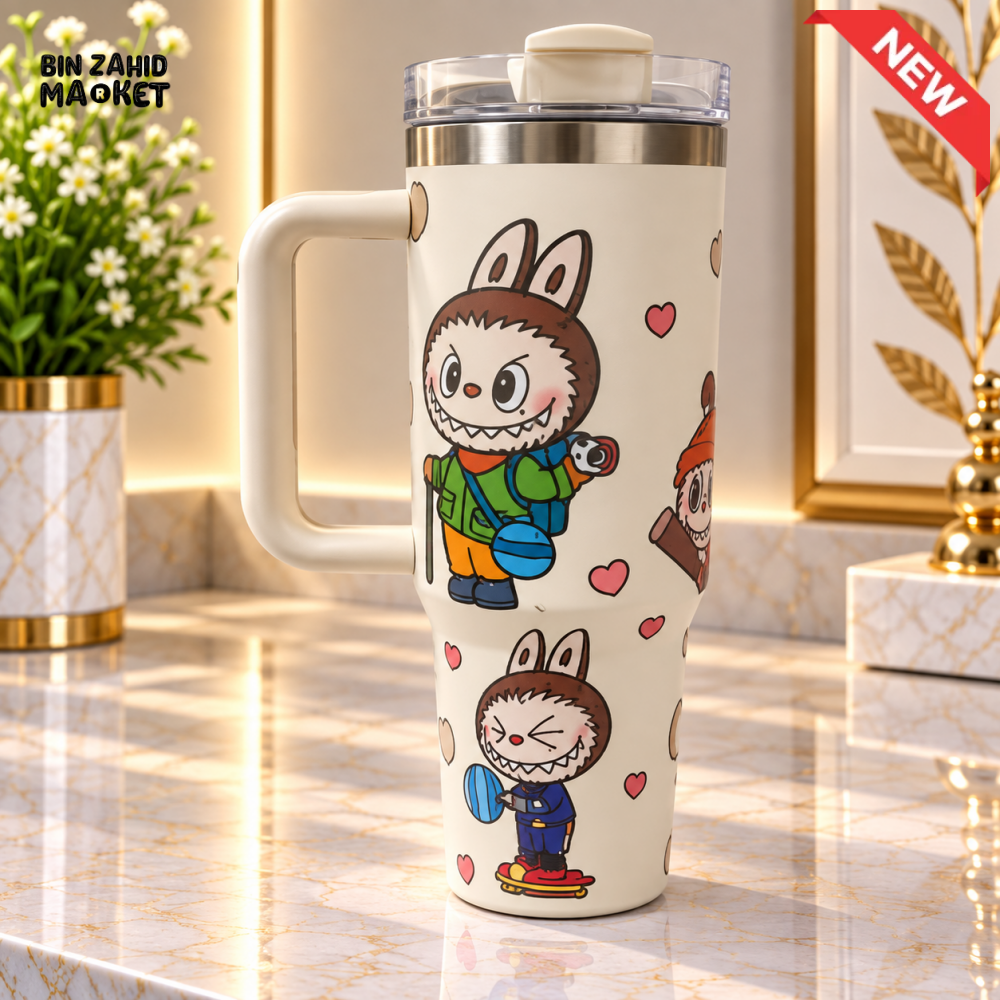 CREAM CARTOON PRINT STAINLESS STEEL INSULATED TRAVEL TUMBLER WITH HANDLE 40OZ