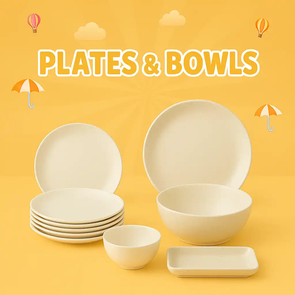 Cream-colored ceramic plates and bowls.