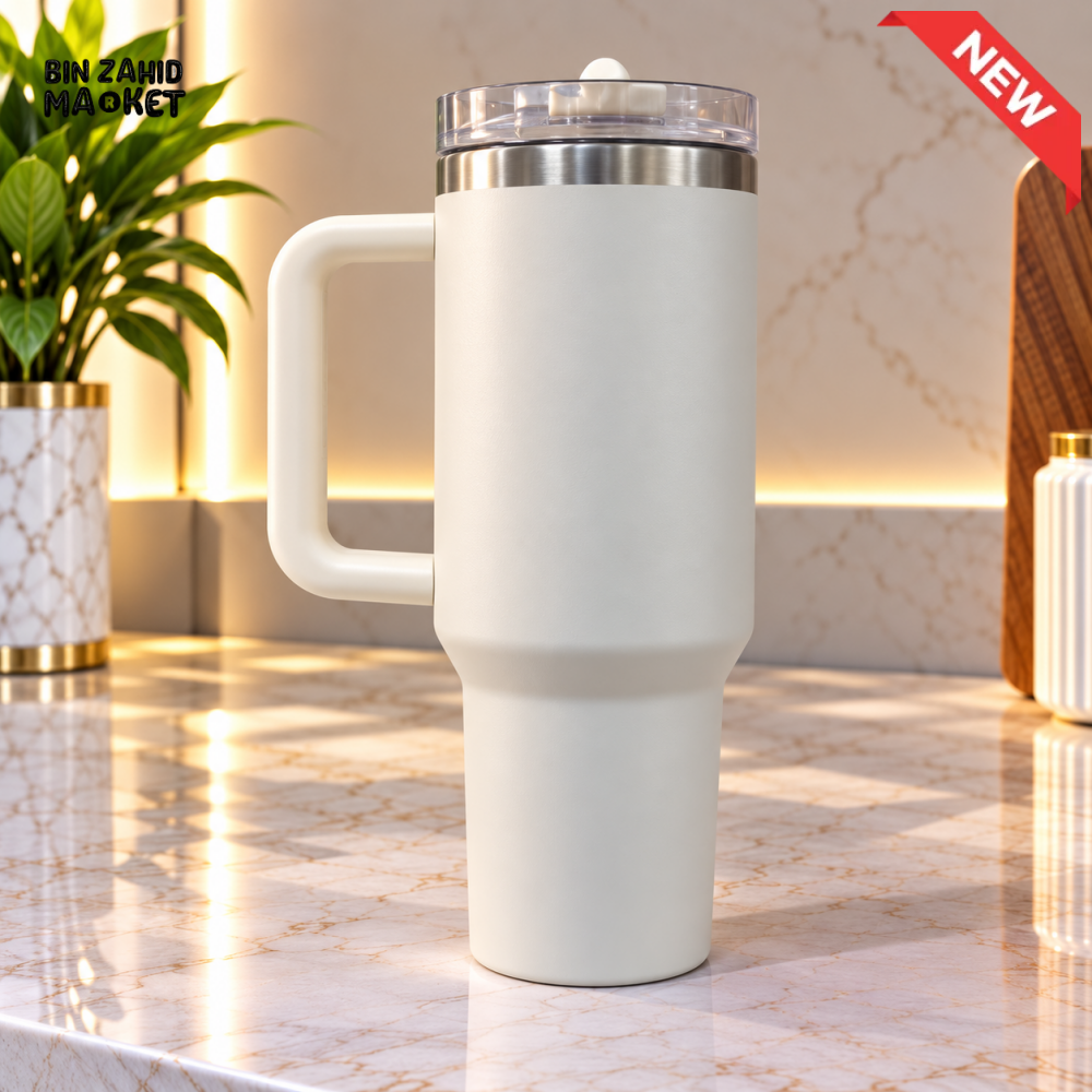 CREAM STAINLESS STEEL INSULATED TRAVEL TUMBLER WITH HANDLE