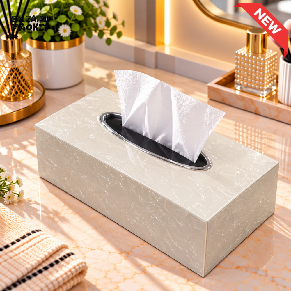 CREAM TEXTURED RECTANGULAR TISSUE BOX WITH SILVER OVAL TRIM - Tissue Boxes