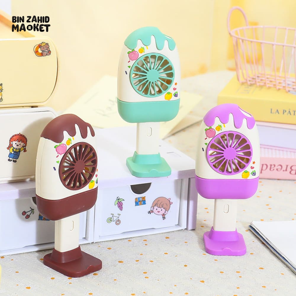 CREATIVE HANDHELD ICE CREAM SHAPE FAN – PORTABLE OUTDOOR COOLING 3 SPEED STRONG WIND RECHARGEABLE DESKTOP STAND FAN