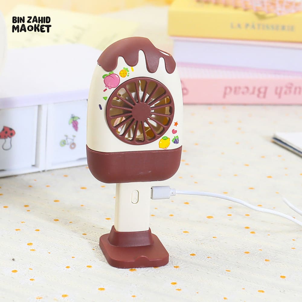 CREATIVE HANDHELD ICE CREAM SHAPE FAN – PORTABLE OUTDOOR COOLING 3 SPEED STRONG WIND RECHARGEABLE DESKTOP STAND FAN