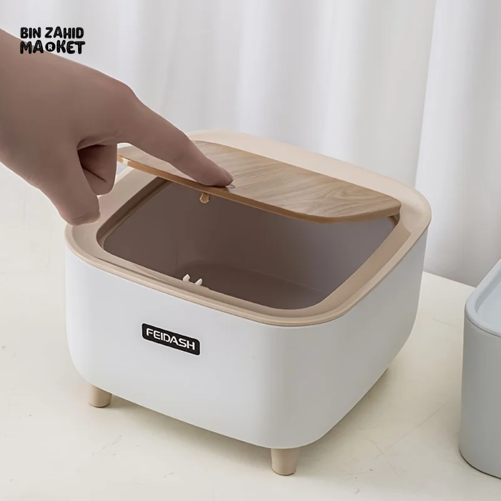 CREATIVE MINI DESKTOP TRASH CAN WITH LID – BEDROOM OFFICE COFFEE TABLE WASTE BIN TABLE TOP SQUARE