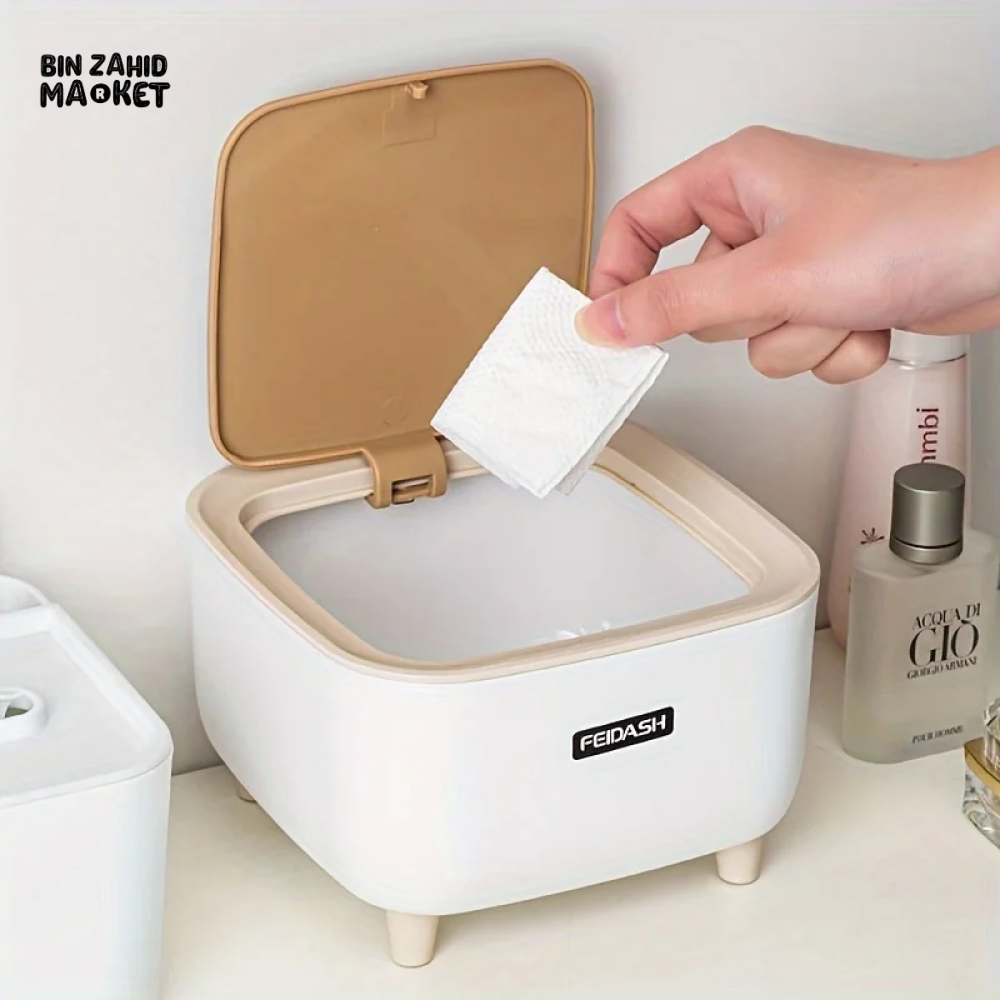 CREATIVE MINI DESKTOP TRASH CAN WITH LID – BEDROOM OFFICE COFFEE TABLE WASTE BIN TABLE TOP SQUARE