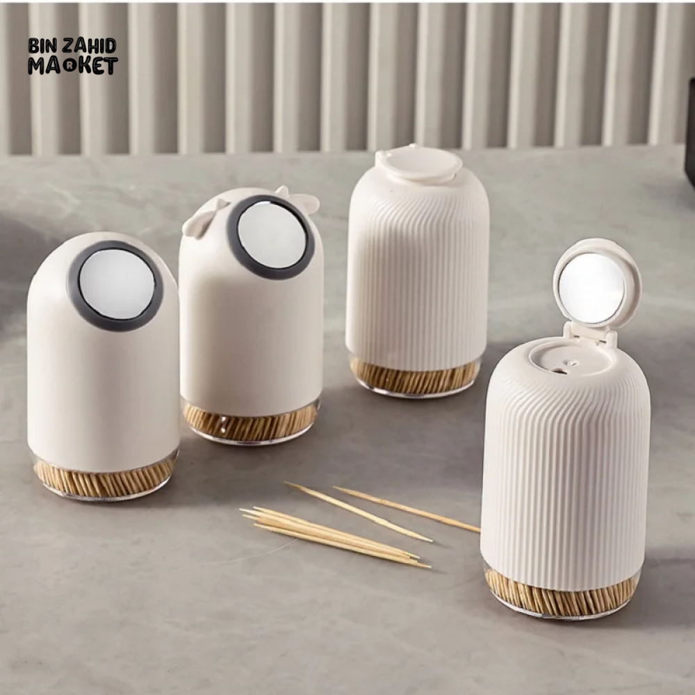 CREATIVE TOOTHPICK HOLDER – PLASTIC DISPENSER WITH SMALL MIRROR & STORAGE