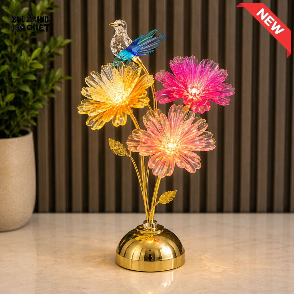 CRYSTAL BIRD AND FLOWER LED DECORATIVE TABLE LAMP WITH GOLDEN BASE