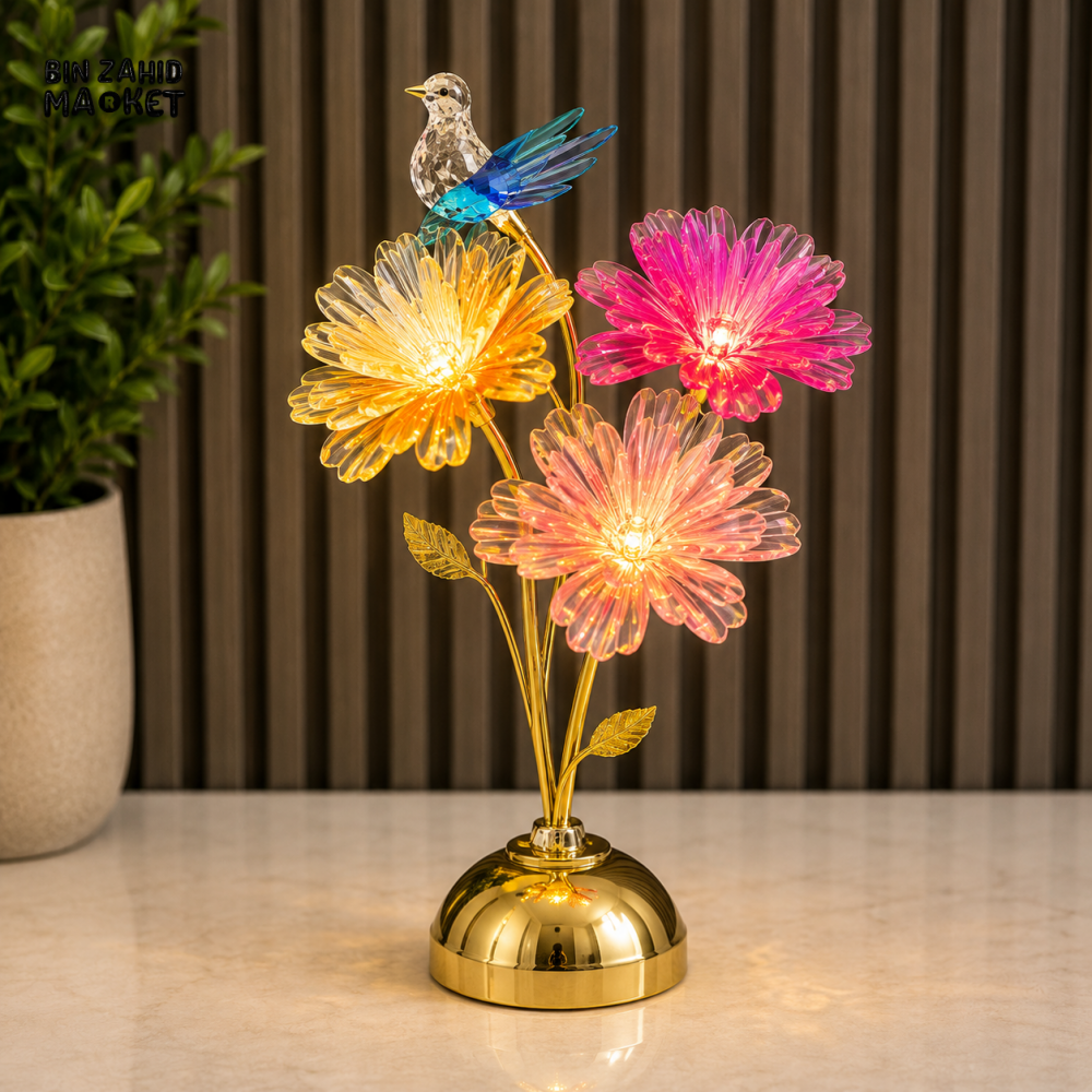 CRYSTAL BIRD AND FLOWER LED DECORATIVE TABLE LAMP WITH GOLDEN BASE