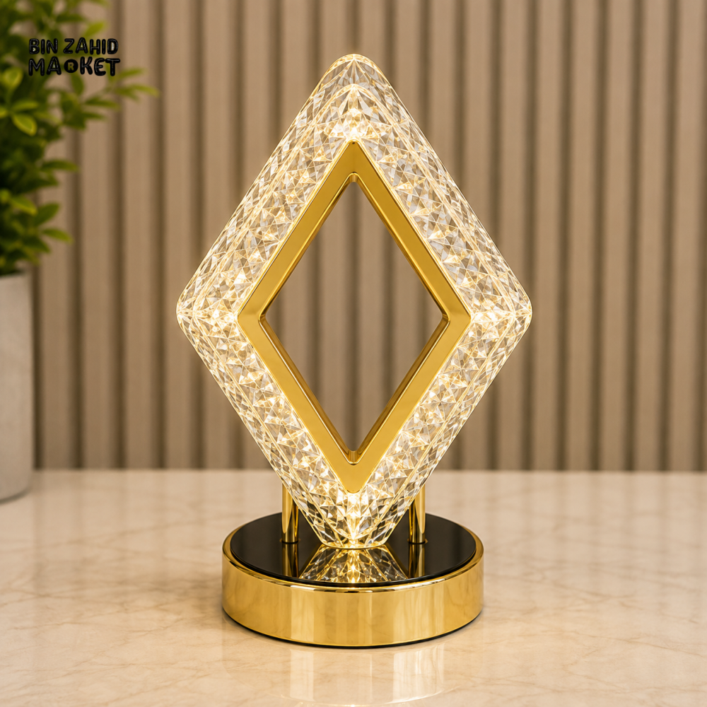 CRYSTAL DIAMOND SHAPE LED DECORATIVE TABLE LAMP WITH GOLDEN BASE