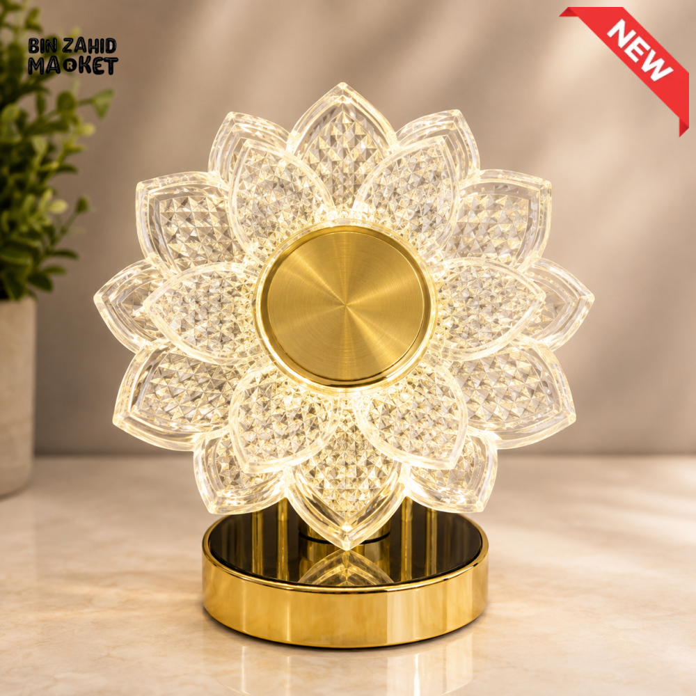 CRYSTAL LOTUS FLOWER LED DECORATIVE TABLE LAMP WITH GOLDEN BASE