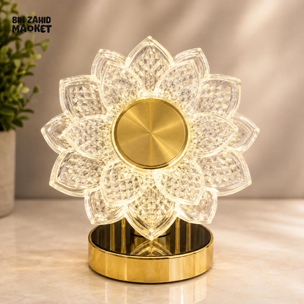 CRYSTAL LOTUS FLOWER LED DECORATIVE TABLE LAMP WITH GOLDEN BASE