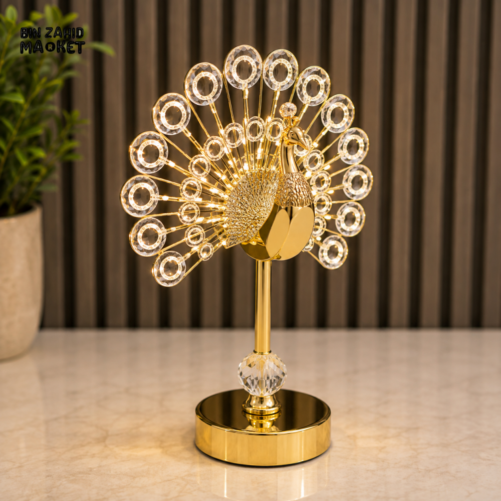 CRYSTAL PEACOCK LED DECORATIVE TABLE LAMP WITH GOLDEN BASE