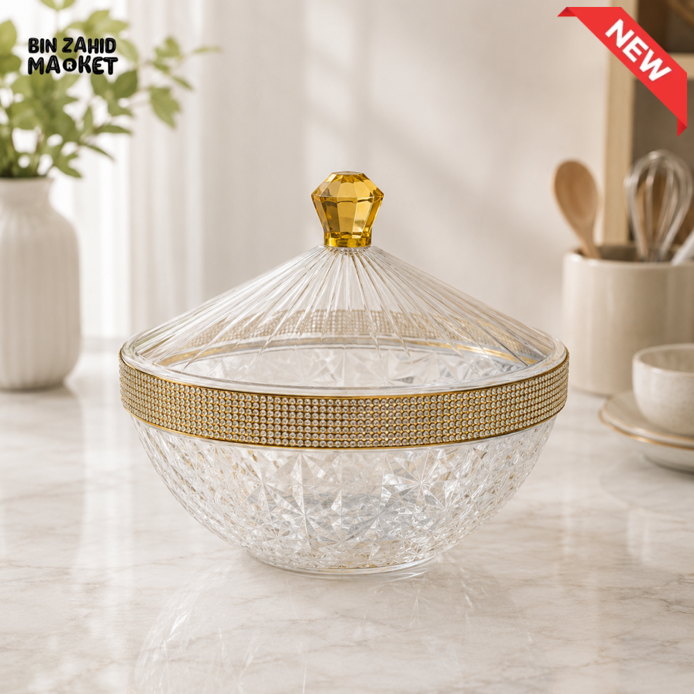 CRYSTAL STYLE DECORATIVE SERVING BOWL WITH LID & GOLD DETAILING
