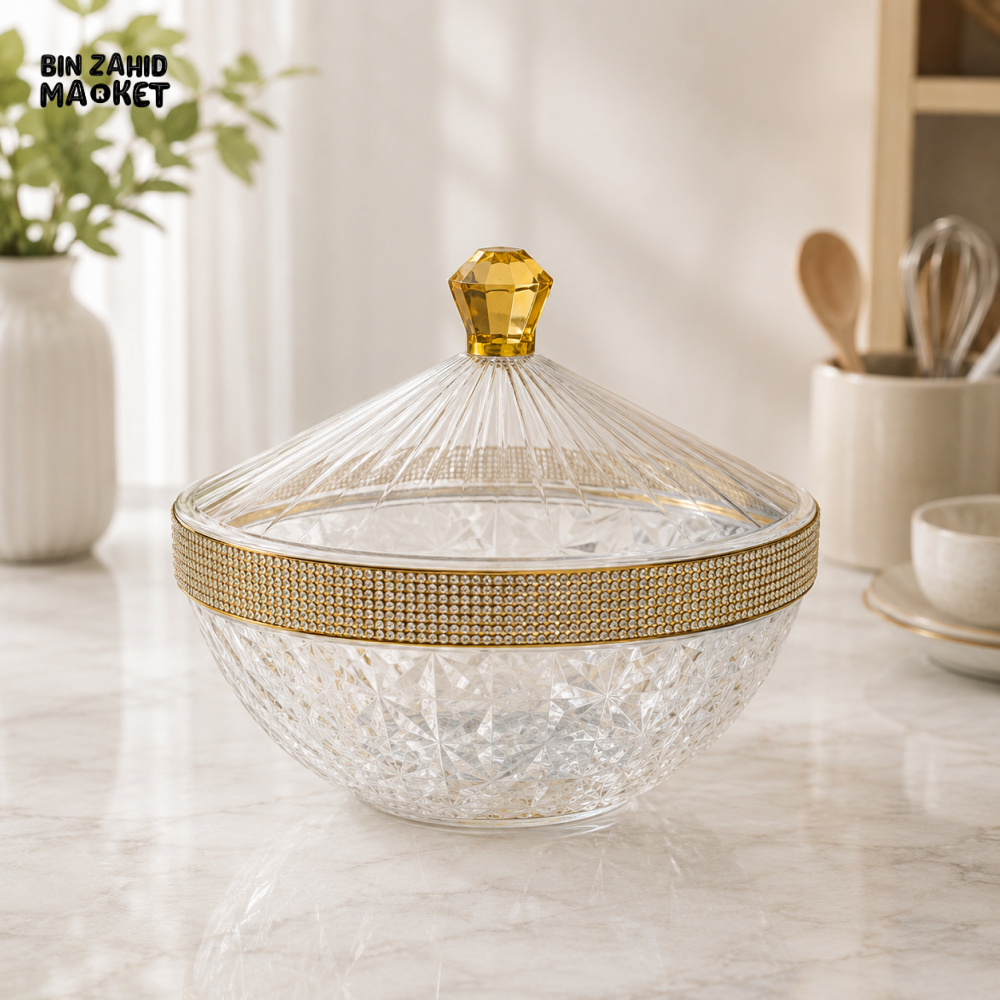 CRYSTAL STYLE DECORATIVE SERVING BOWL WITH LID & GOLD DETAILING
