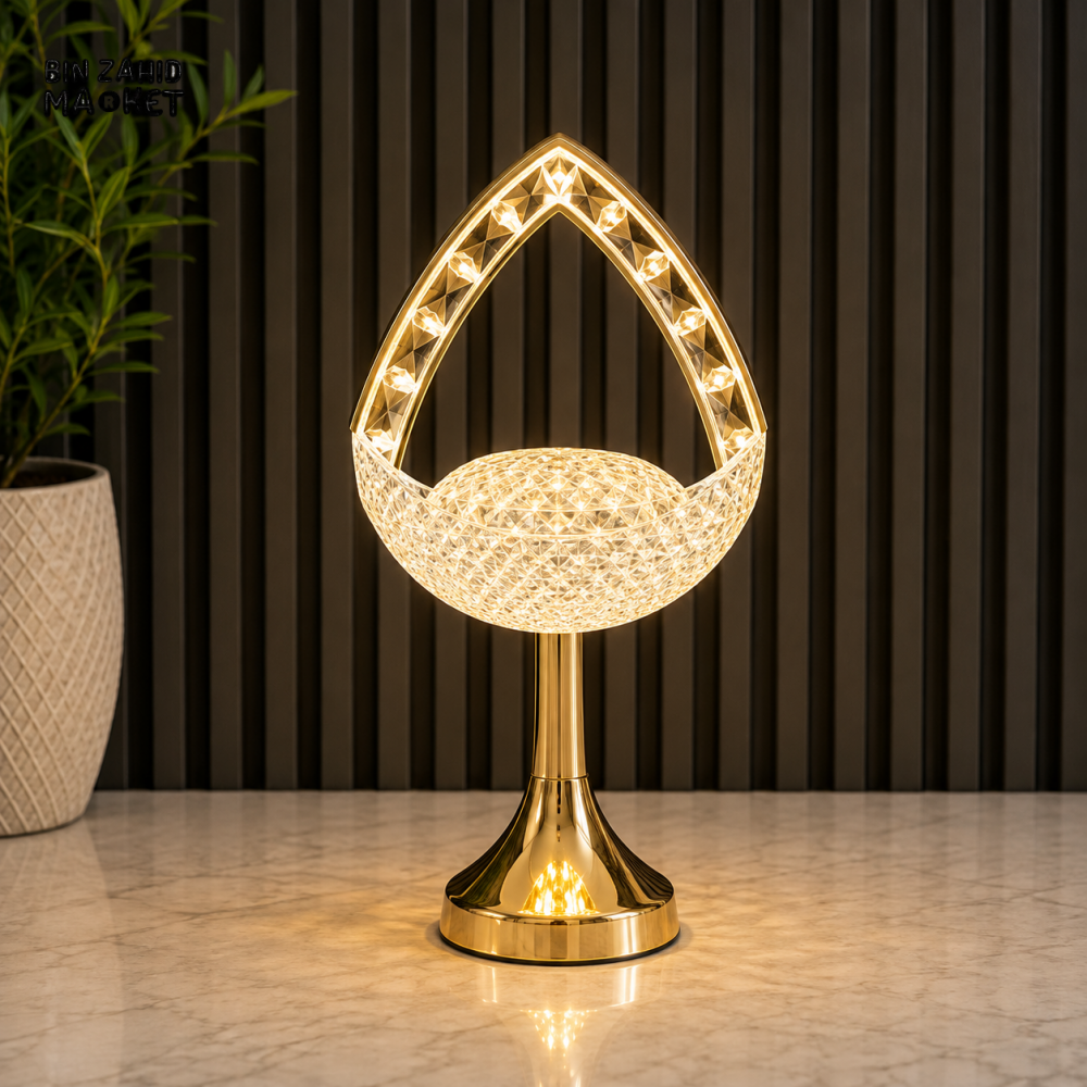 CRYSTAL TEARDROP LED DECORATIVE TABLE LAMP WITH GOLDEN BASE