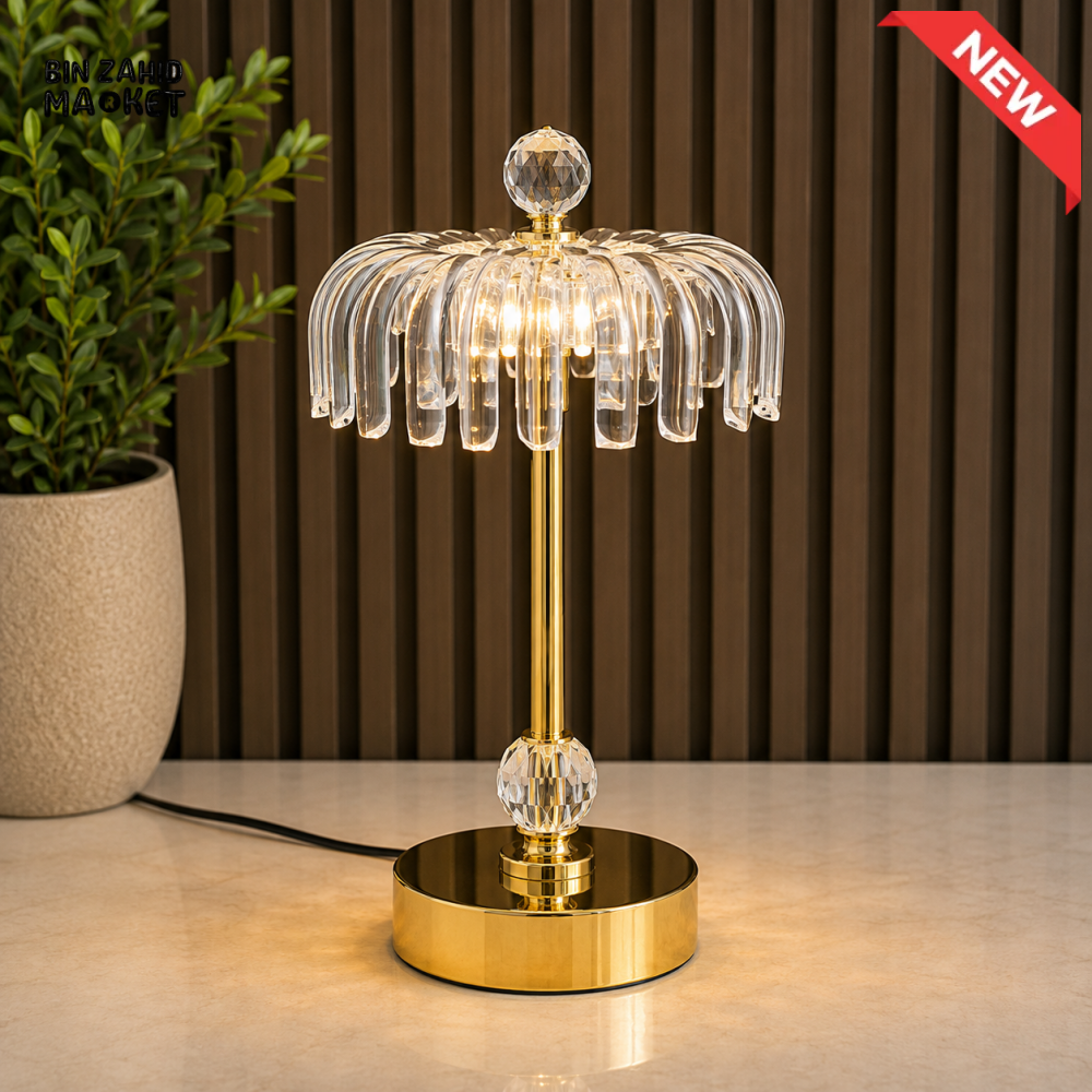 CRYSTAL UMBRELLA SHADE LED TABLE LAMP WITH GOLDEN BASE