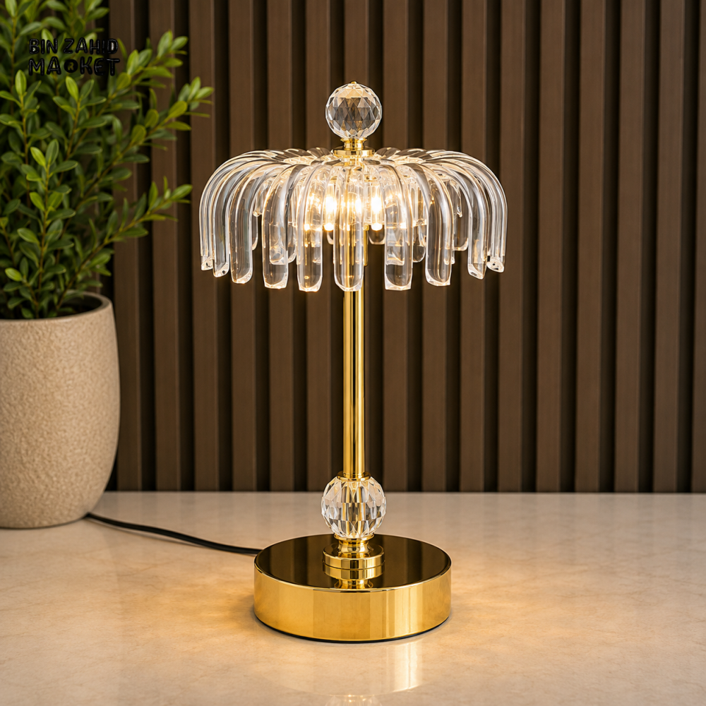 CRYSTAL UMBRELLA SHADE LED TABLE LAMP WITH GOLDEN BASE