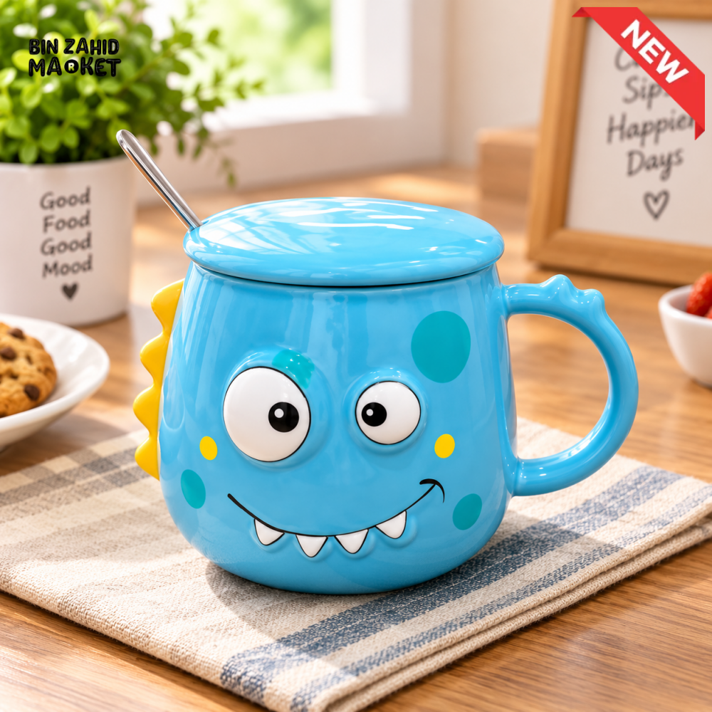 CUTE 3D MONSTER DINOSAUR MUG WITH LID & SPOON